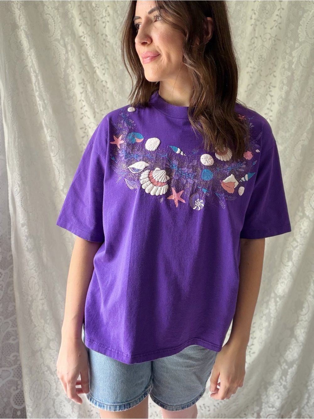 Vintage 90s Hanes Seashell Graphic Tee Purple Coastal Beach USA Made XL
